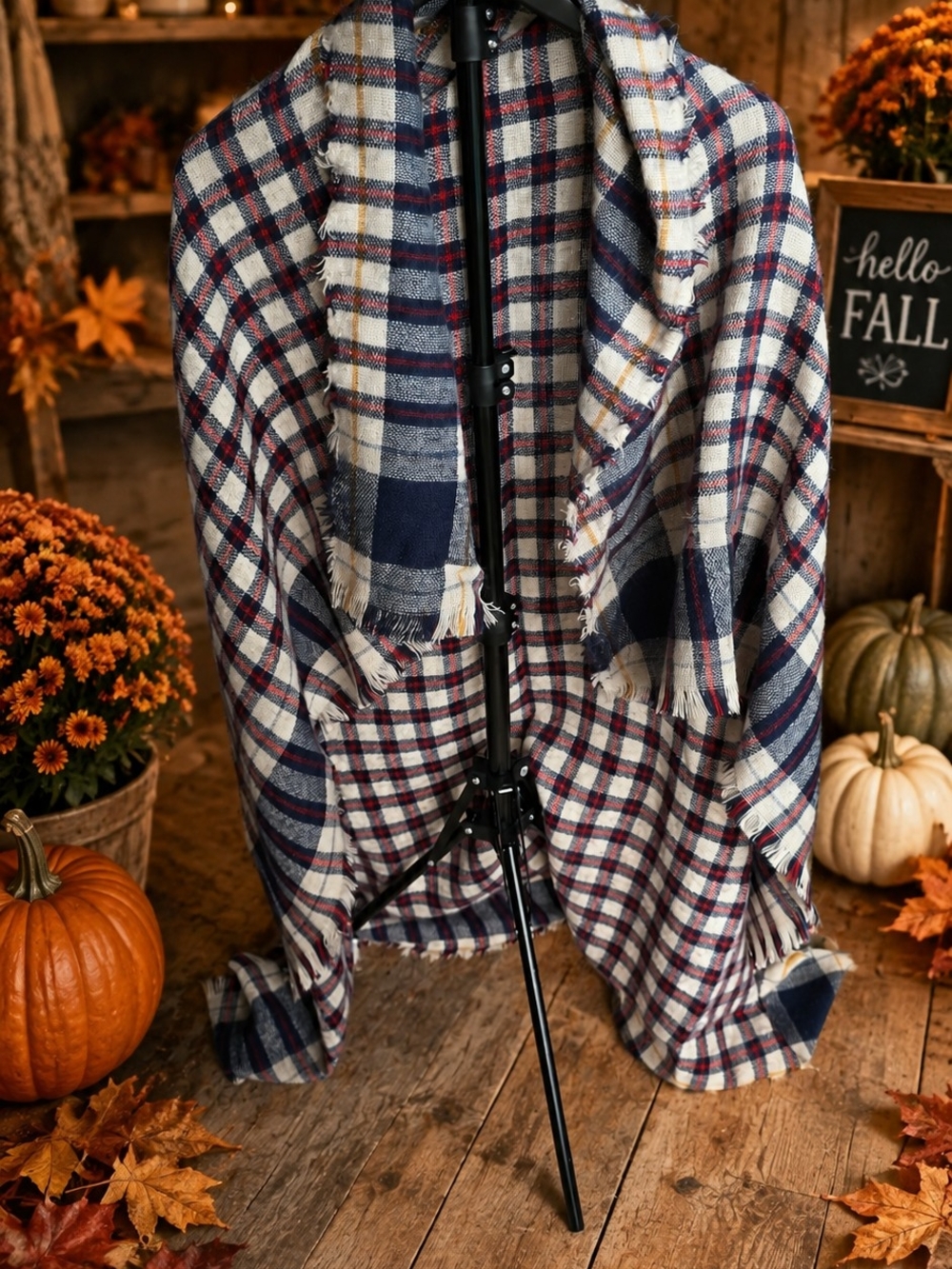 Anthropologie Terrain Fringed Plaid Oversized Blanket Scarf – Navy, Red & White
